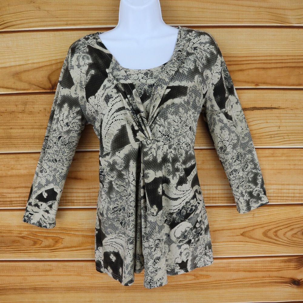 Kasper Sportswear Tunic Top Women S Black Beige Floral 3/4 Sleeve Waist Tie SOFT